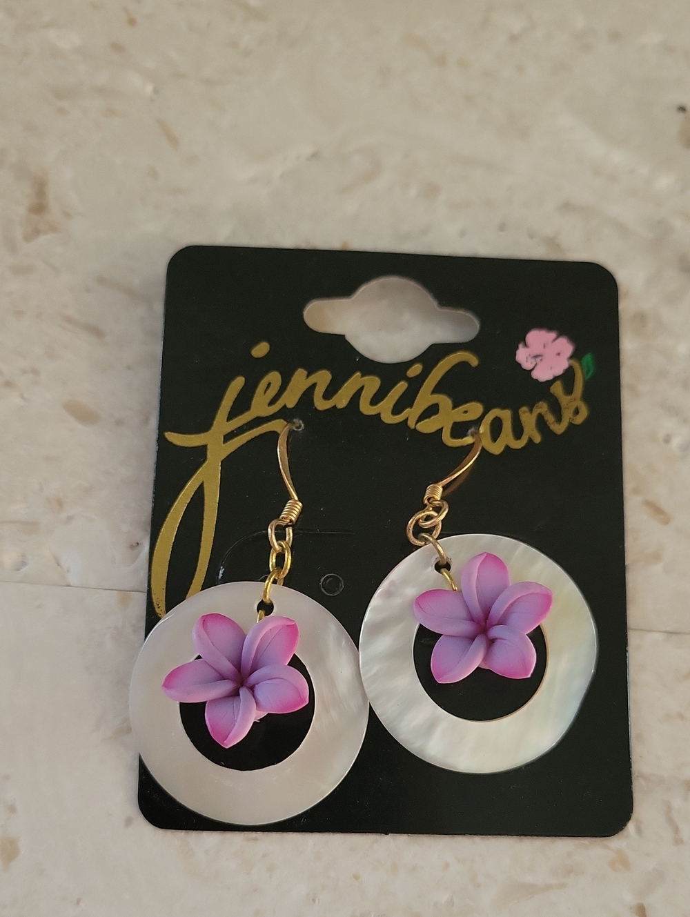 Pink Violet Flower Mother-of-Pearl Hoop Drop Earrings
